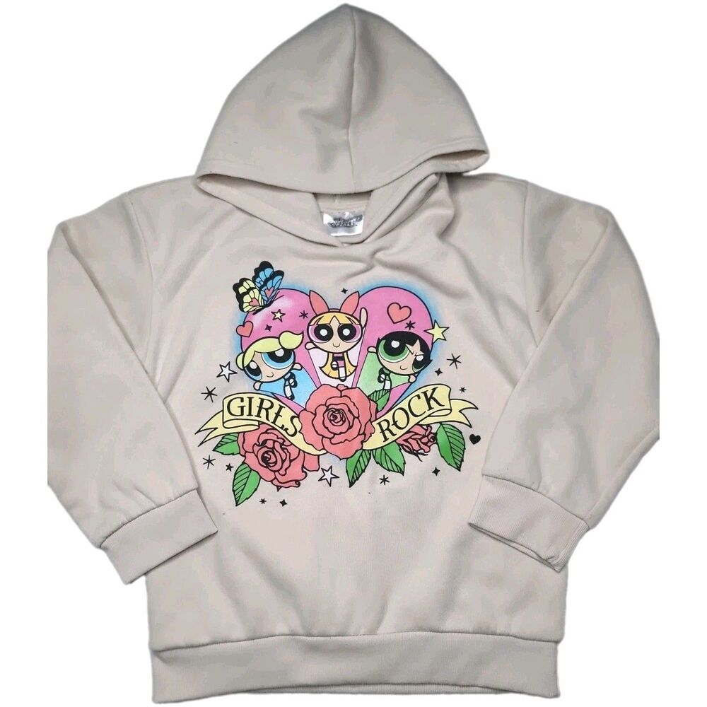 Cartoon Network Powerpuff Girls Rock Fleece Pullover Hoodie Beige Sz Lrg